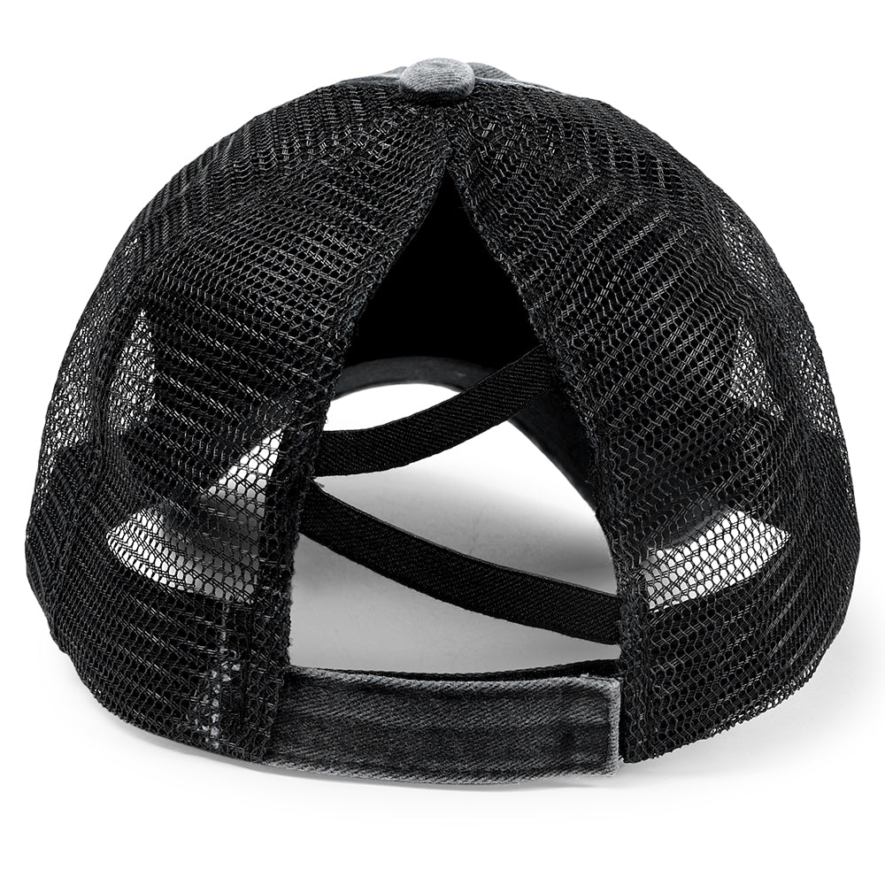 Women Criss Cross Ponytail Washed Distressed Mesh Baseball Cap