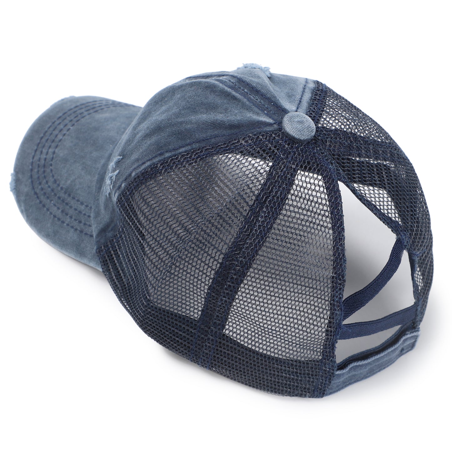 Women Criss Cross Ponytail Washed Distressed Mesh Baseball Cap