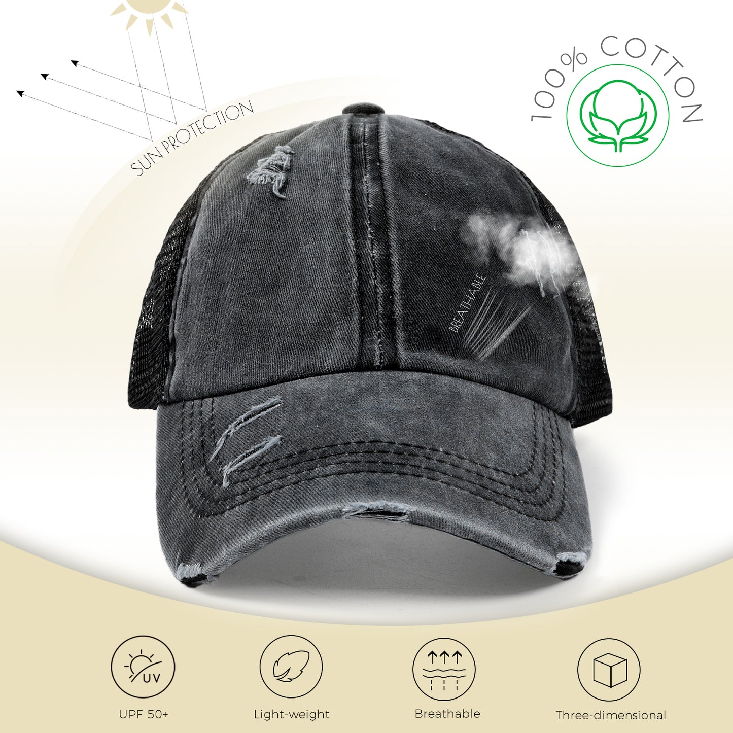 Women Criss Cross Ponytail Washed Distressed Mesh Baseball Cap