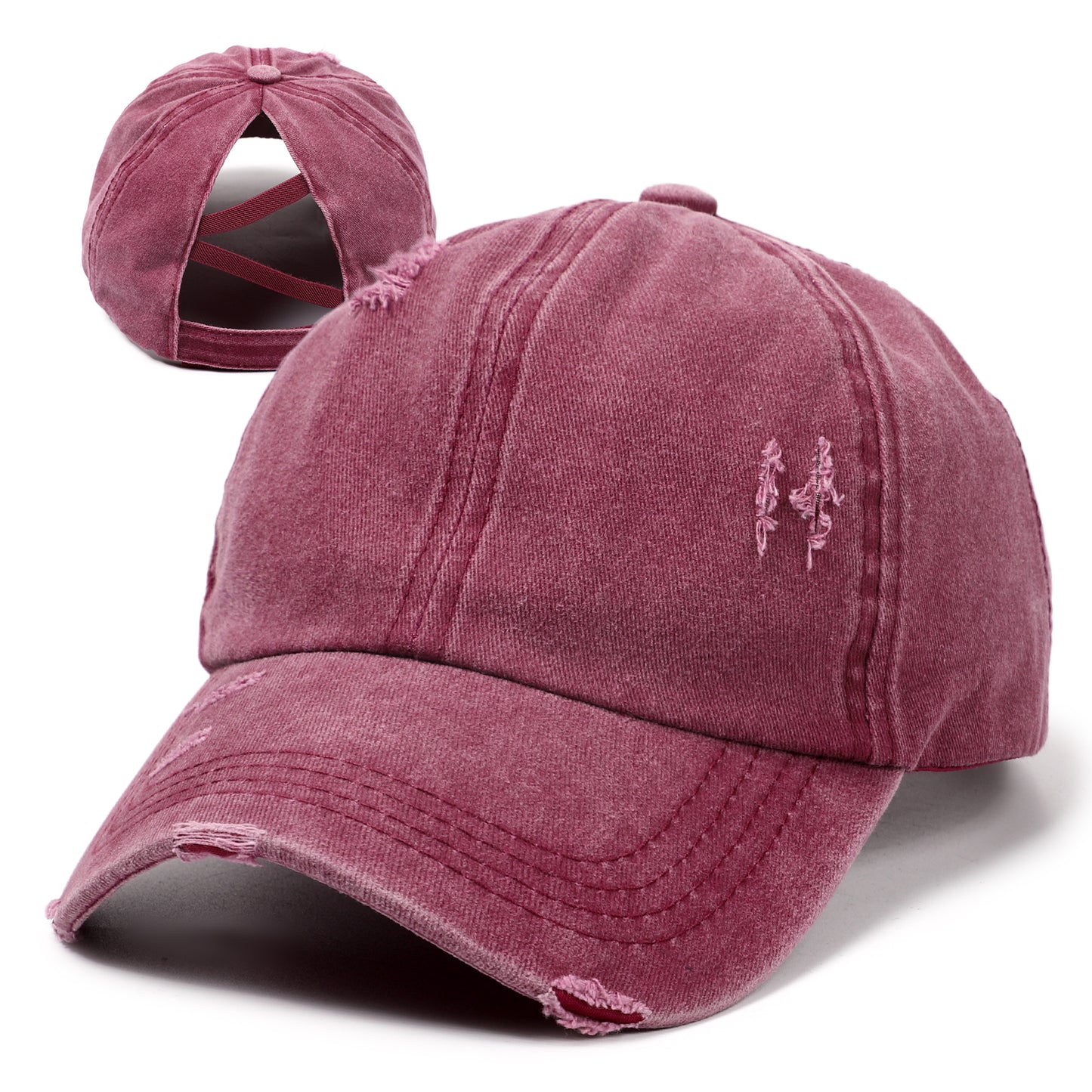 Women Distressed Washed High Messy Bun Baseball Cap