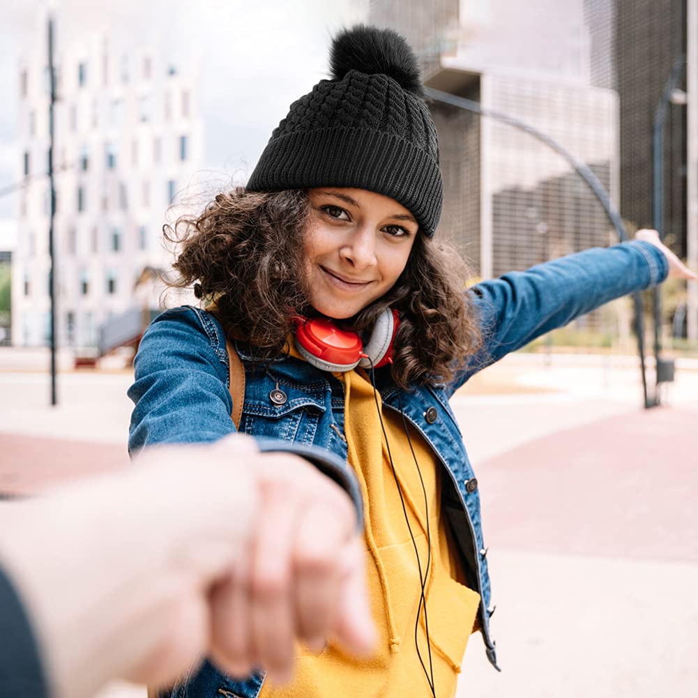 Lvaiz Satin Lined Cuffed Beanie with Detachable Faux Fur Pompom