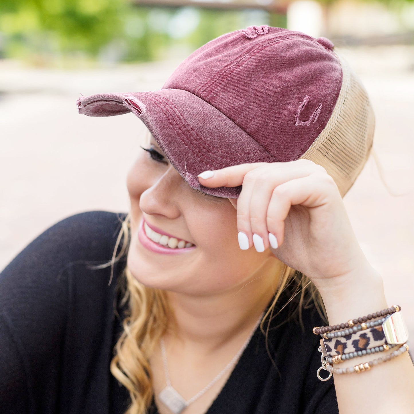 Women Criss Cross Ponytail Washed Distressed Mesh Baseball Cap