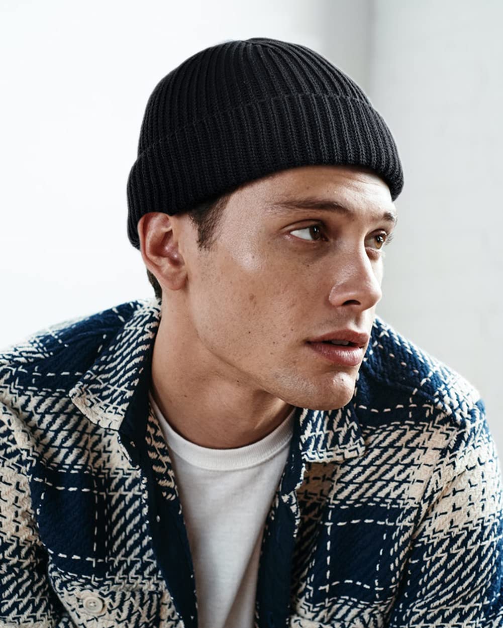 Winter Knitted Fishermen Beanie Hats for Men Wool Short Cuffed Skull Cap