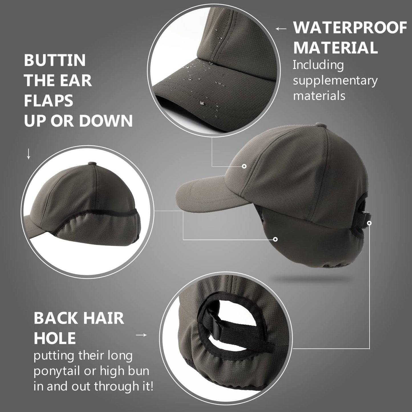 Winter Baseball Cap with Earflaps Fleece Lined Warm Waterproof Hat