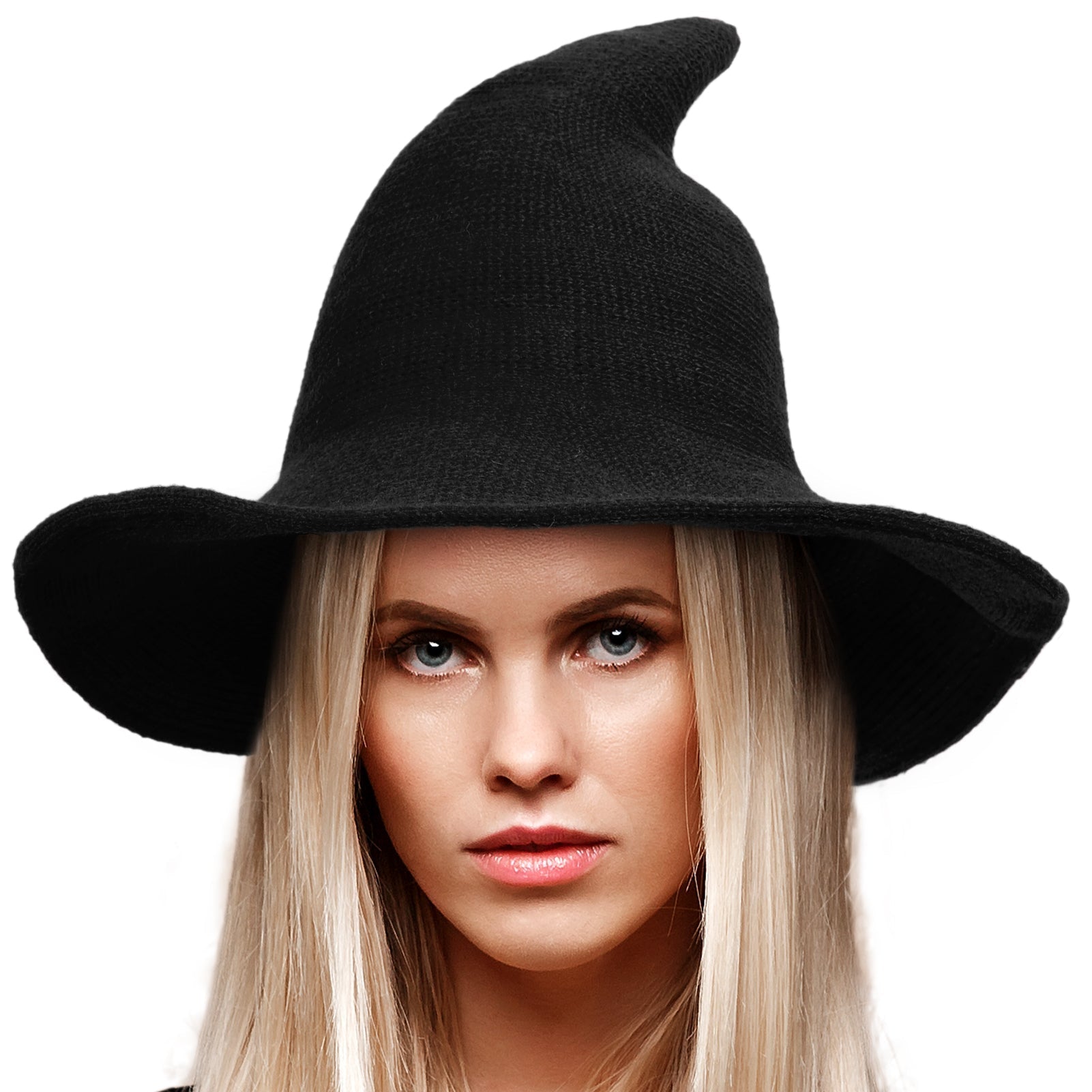 Halloween Women Witch Hat Wool Knitted Adjustable Wide Brim Wizard hat for Adult Kids Costume Accessory Party Cosplay Black