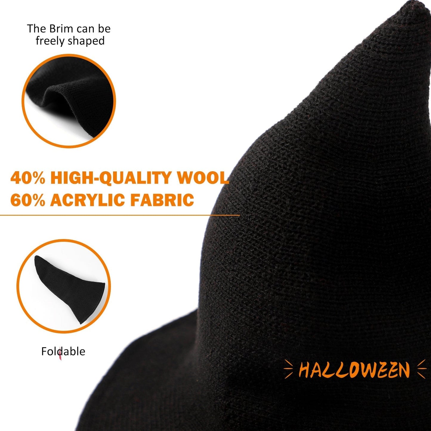 Halloween Women Witch Hat Wool Knitted Adjustable Wide Brim Wizard hat for Adult Kids Costume Accessory Party Cosplay Black Detail