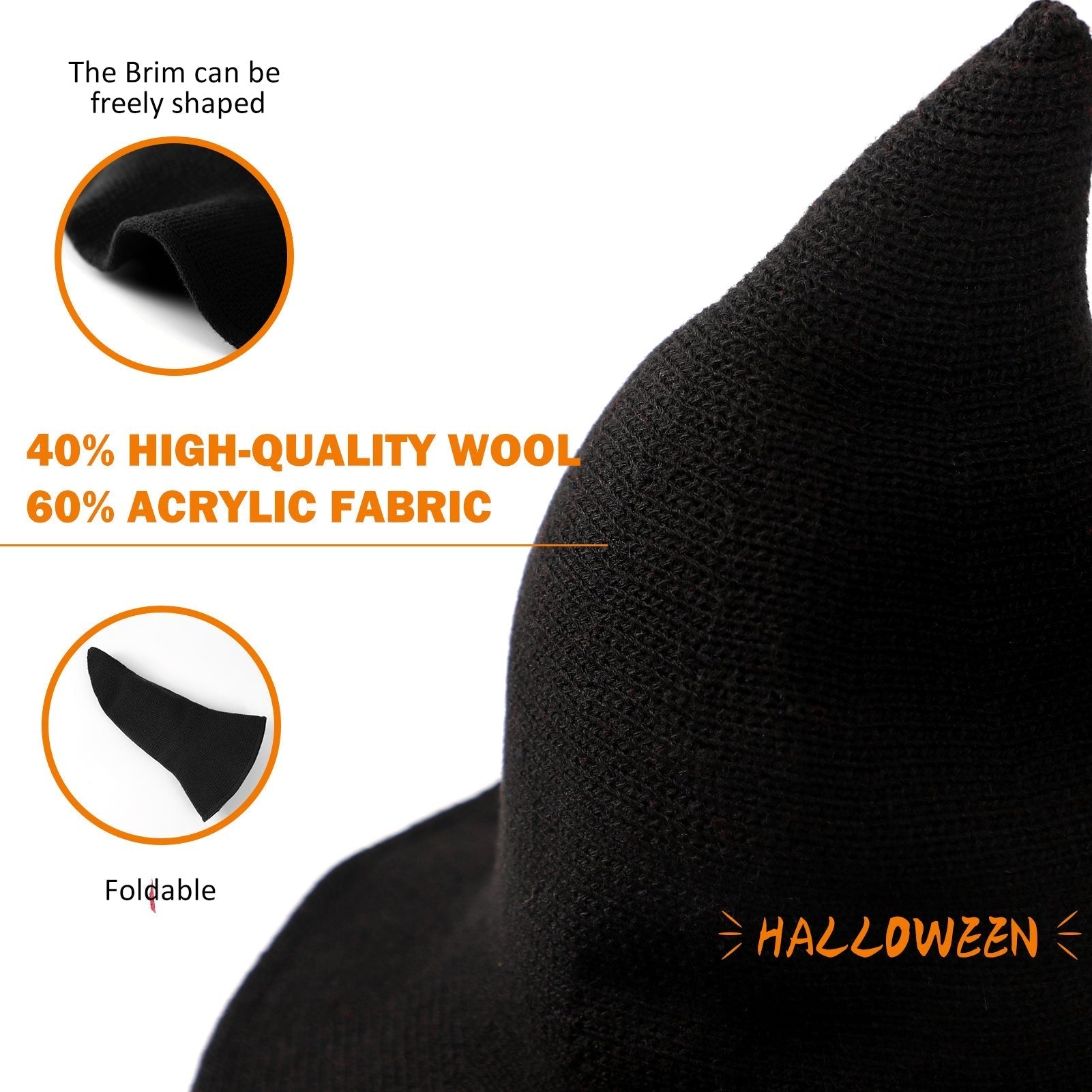 Halloween Women Witch Hat Wool Knitted Adjustable Wide Brim Wizard hat for Adult Kids Costume Accessory Party Cosplay Black Detail