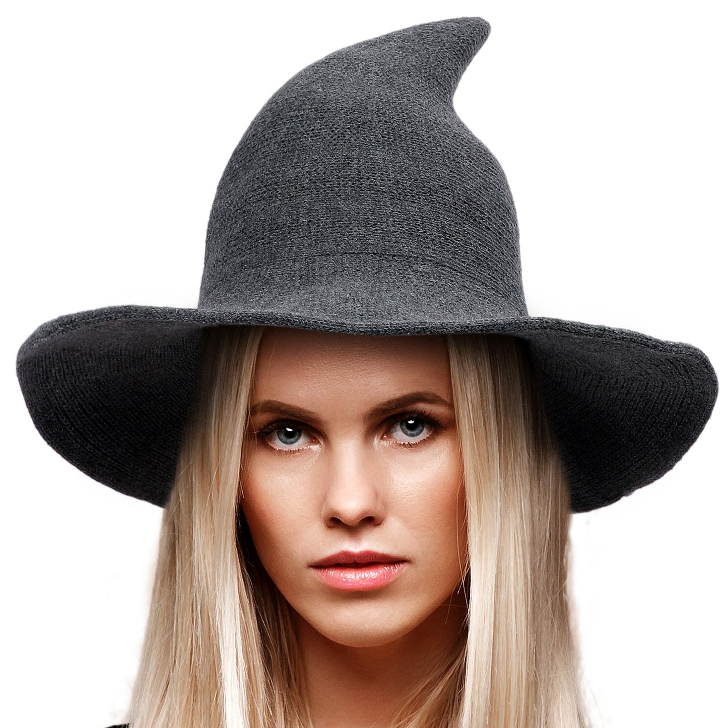 Halloween Women Witch Hat Wool Knitted Adjustable Wide Brim Wizard hat for Adult Kids Costume Accessory Party Cosplay Grey