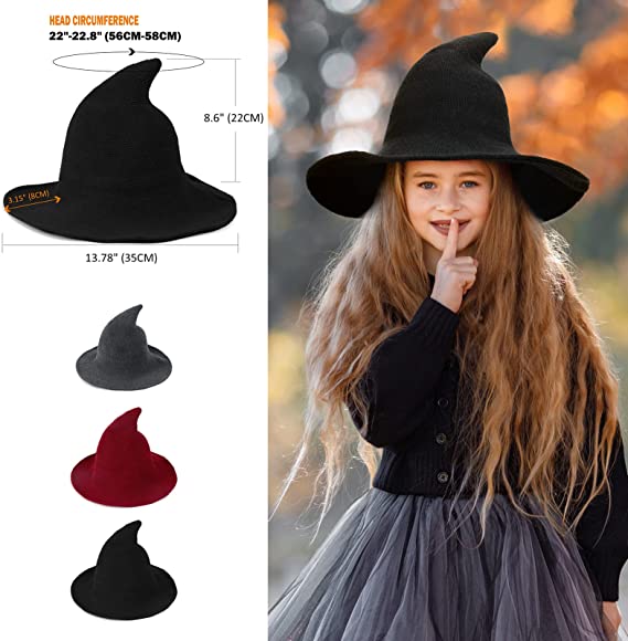Halloween Women Witch Hat Wool Knitted Adjustable Wide Brim Wizard hat for Adult Kids Costume Accessory Party Cosplay Kids