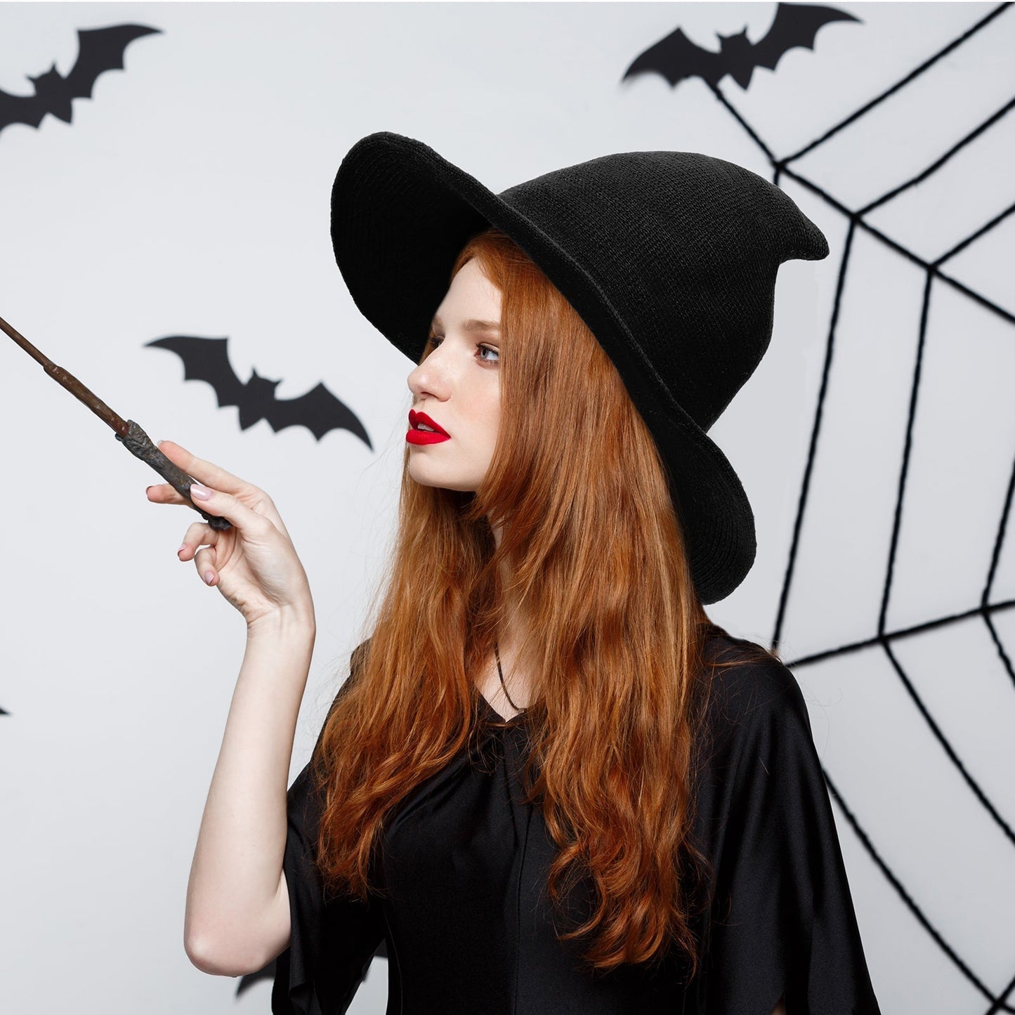 Halloween Women Witch Hat Wool Knitted Adjustable Wide Brim Wizard hat for Adult Kids Costume Accessory Party Cosplay Model Black