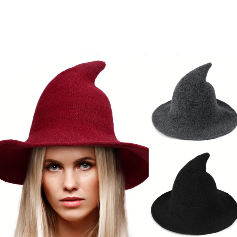 Halloween Women Witch Hat Wool Knitted Adjustable Wide Brim Wizard hat for Adult Kids Costume Accessory Party Cosplay Red Black Grey