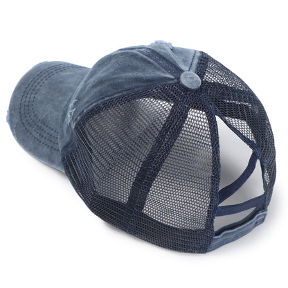 Women Criss Cross Ponytail Washed Distressed Mesh Baseball Cap