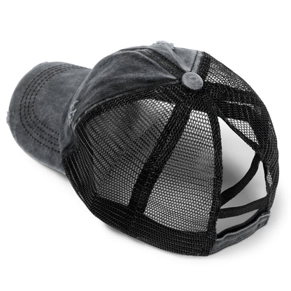Women Criss Cross Ponytail Washed Distressed Mesh Baseball Cap
