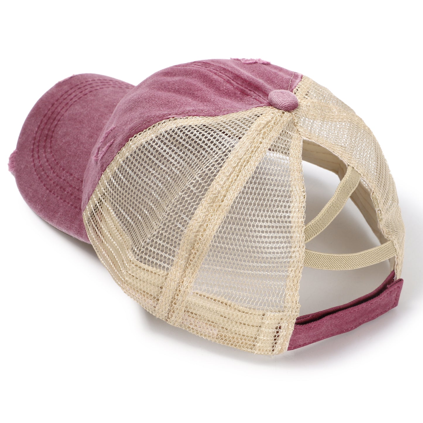 Women Criss Cross Ponytail Washed Distressed Mesh Baseball Cap