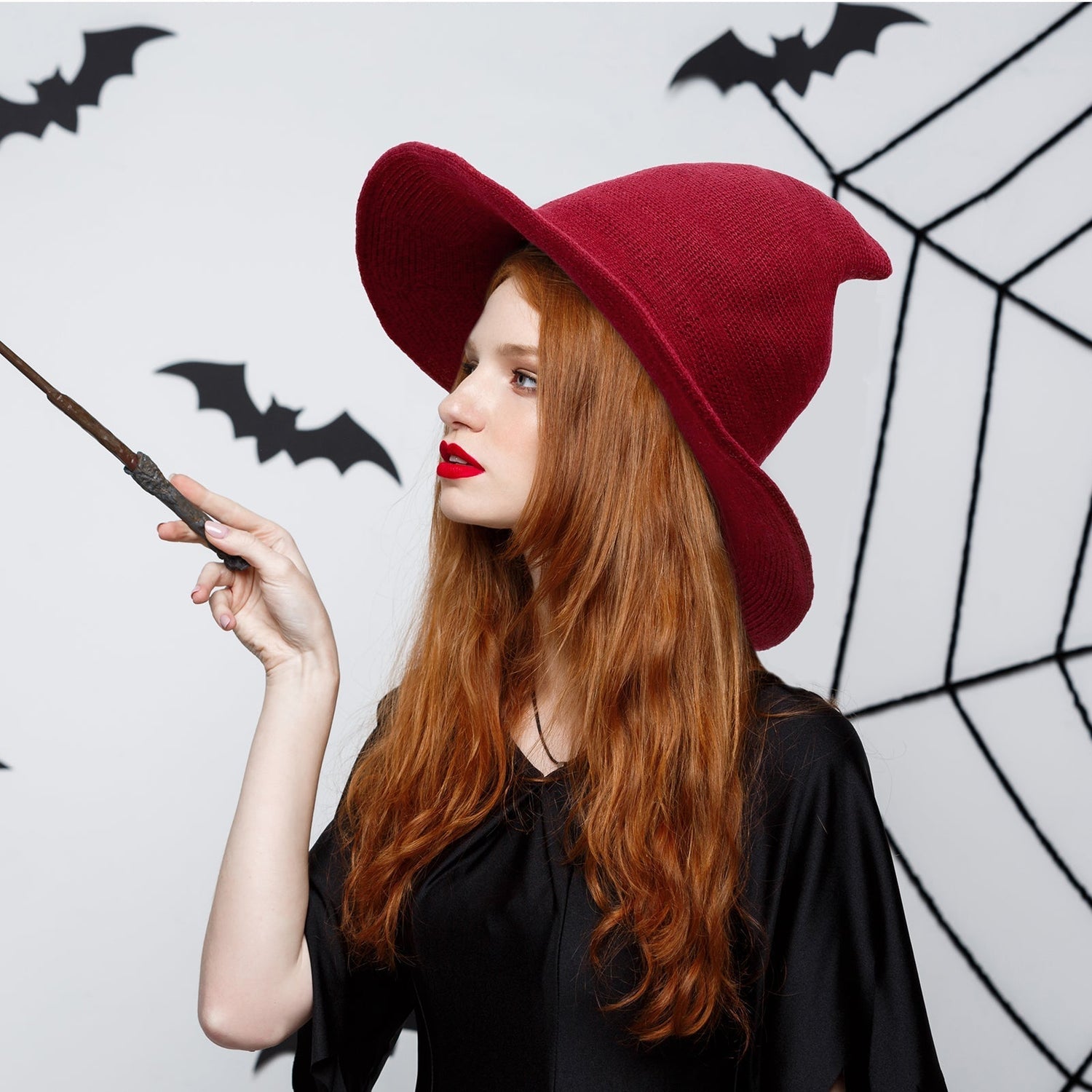 Halloween Women Witch Hat Wool Knitted Adjustable Wide Brim Wizard hat for Adult Kids Costume Accessory Party Cosplay Model Red