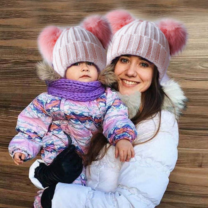 WomensDoublePomPomWinterBeanieBobbleHatKnittedFauxRaccoonFurDetachableBallCapAdultSkullHat-Pink